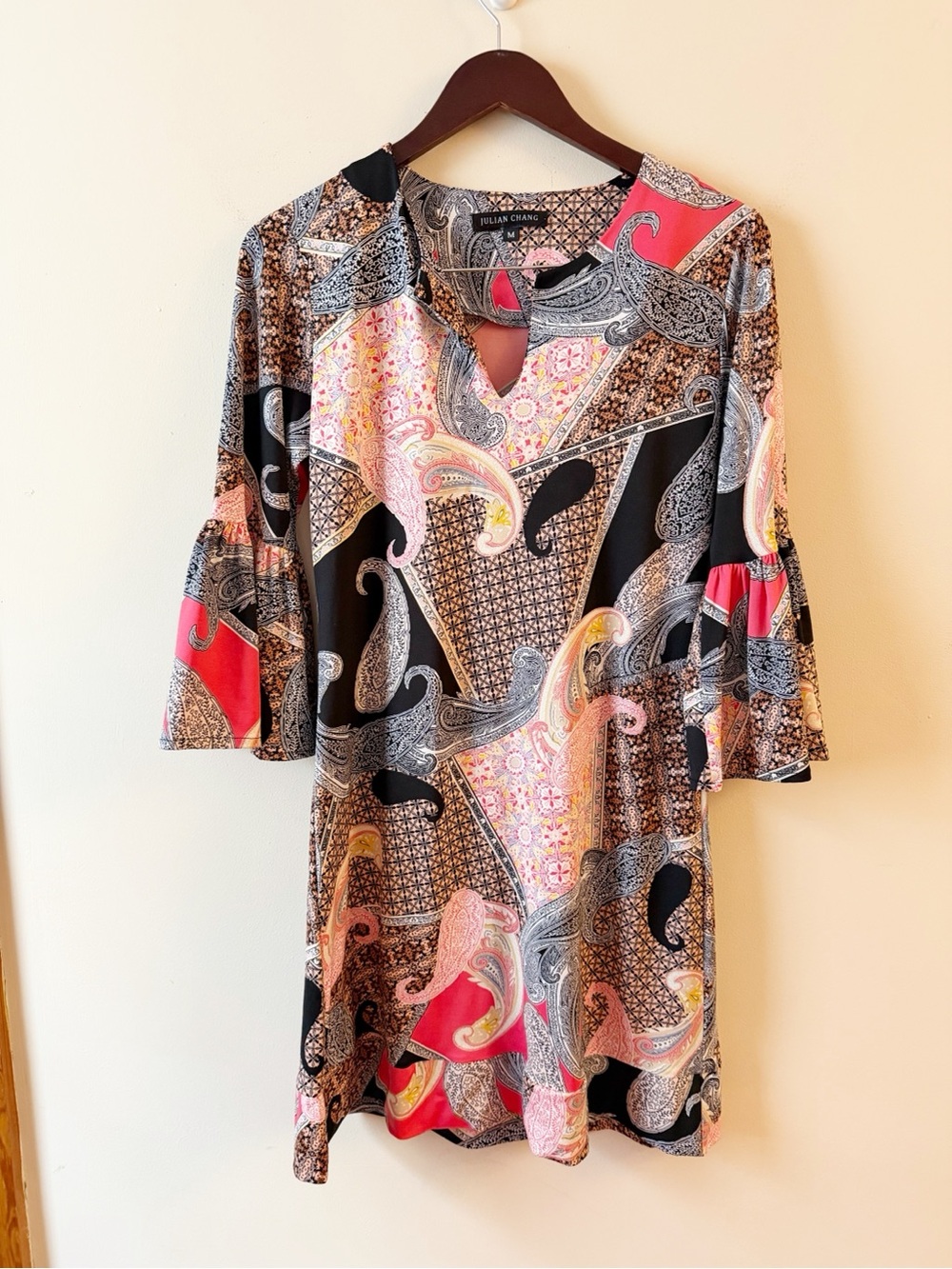 Julian Chang Mixed Paisley Print Bell Sleeve Dress Multicolor Size Medium